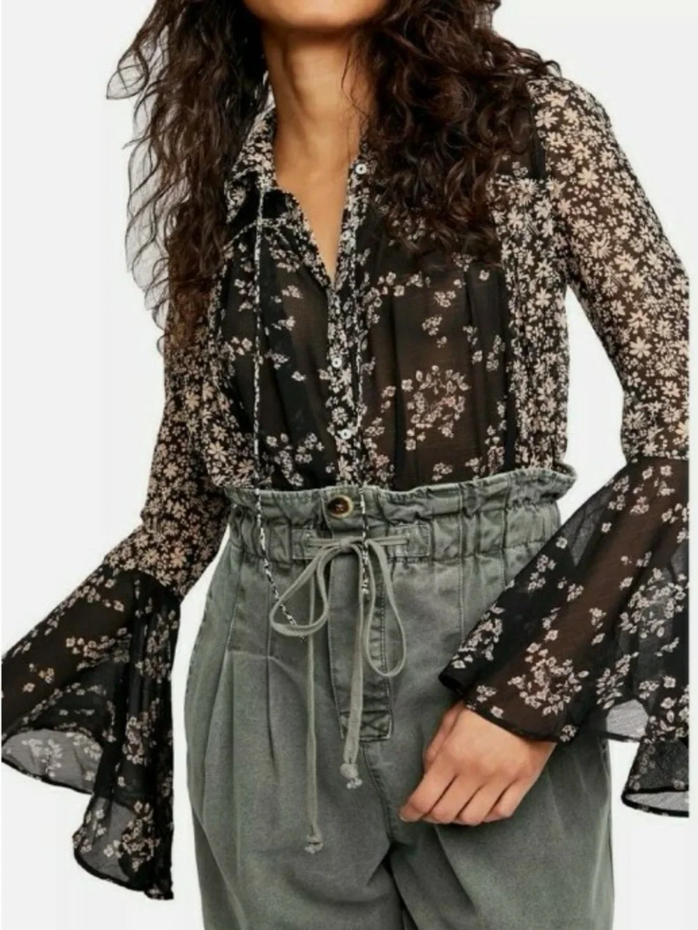 Free People Serena Printed Blouse in Black - Picture 2 of 14